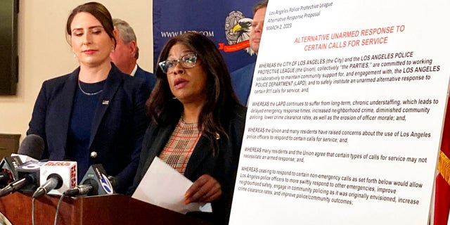 Jerretta Sandoz, right, discusses the Los Angeles Police Protective League's proposals to stop sending officers to more than two dozen types of 911 calls during a news conference in Los Angeles, Wednesday, March 1, 2023.