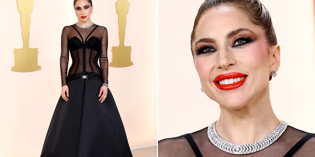 Lady Gaga stayed on trend wearing a black Versace gown with see-through details.