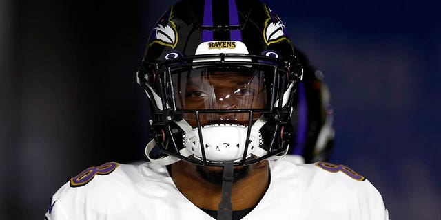 Lamar Jackson, #8 of the Baltimore Ravens, takes the field for pregame warm-ups prior to playing the Tampa Bay Buccaneers at Raymond James Stadium on Oct. 27, 2022 in Tampa, Florida.