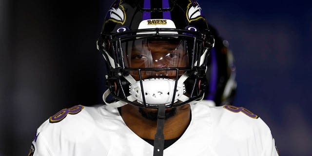 Lamar Jackson, #8 of the Baltimore Ravens, takes the field for pregame warm-ups prior to playing the Tampa Bay Buccaneers at Raymond James Stadium on Oct. 27, 2022 in Tampa, Florida.