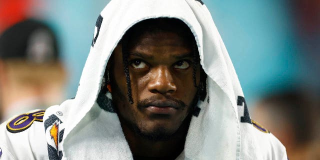 Lamar Jackson of the Baltimore Ravens during the Dolphins game at Hard Rock Stadium on November 11, 2021 in Miami Gardens, Florida.