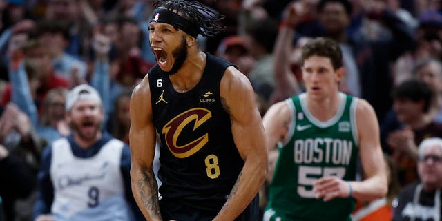 Cleveland Cavaliers forward Lamar Stevens, #8, celebrates after scoring against the Boston Celtics during overtime of an NBA basketball game, Monday, March 6, 2023, in Cleveland.
