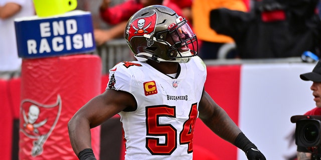 Lavonte David #54 of the Tampa Bay Buccaneers reacts after the Tampa Bay Buccaneers recovered a fumble during the fourth quarter against the Carolina Panthers at Raymond James Stadium on January 1, 2023 in Tampa, Florida.