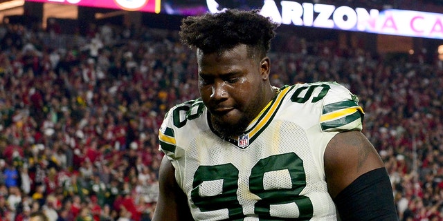 Defensive end Letroy Guion, #98 of the Green Bay Packers, walks off the field after losing in overtime to the Arizona Cardinals 26-20 in the NFC Divisional Playoff Game at University of Phoenix Stadium on Jan. 16, 2016 in Glendale, Arizona. 