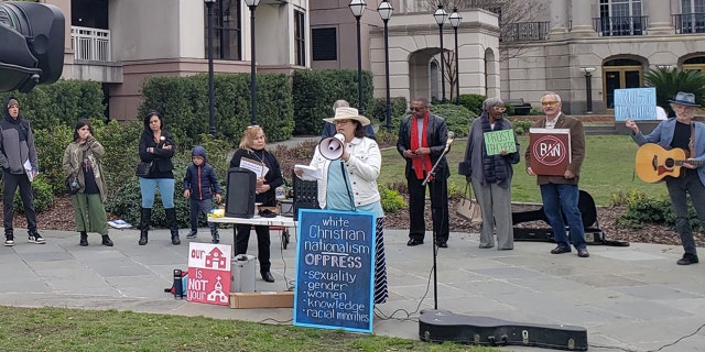 Bonnie Cleaveland, a progressive activist and psychologist, spoke at the Lowcountry Up is Good PAC's "Protect Education Rally," Monday, March 13, 2023, in Charleston, South Carolina addressing the Charleston County School District Board of Trustees and concerns about students.