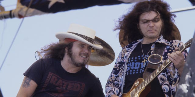 Ronnie Van Zant (left) and five others were killed in the 1977 plane crash which Gary Rossington survived. 