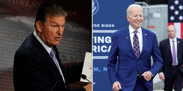 Sen. Joe Manchin, left, wrote an op-ed in the WSJ on Thursday and claimed that the Biden administration's implementation of the Inflation Reduction Act is "political malpractice."