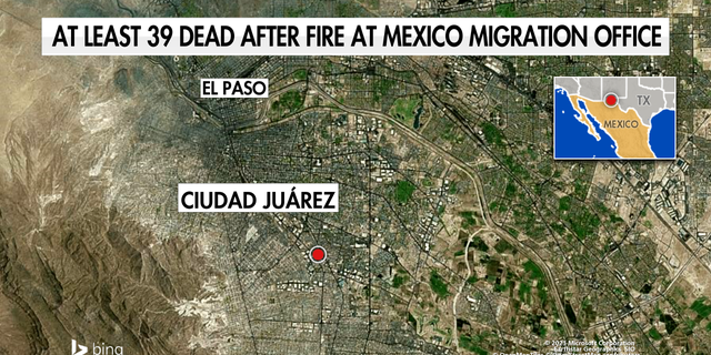 Map shows the location of a facility in Ciudad Juarez, Mexico, where dozens of migrants were killed in a fire, Mexican officials said Tuesday.