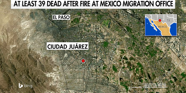 Map shows the location of a facility in Ciudad Juarez, Mexico, where dozens of migrants were killed in a fire, Mexican officials said Tuesday.