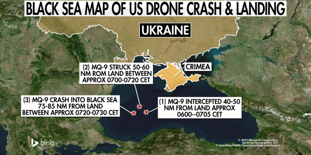 A map shows the locations of where a U.S. MQ-9 Reaper drone was intercepted and then struck by a Russian Su-27 fighter jet, and where the drone crashed, March 14, 2023, in the Black Sea.