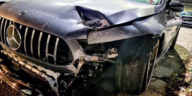 A dark-colored Mercedes-Benz was significantly damaged from the crash involving Pete Davidson.