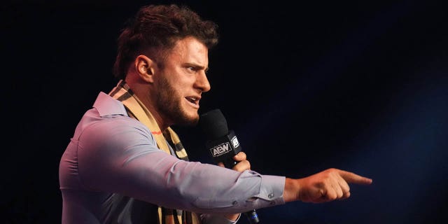 Feb 22, 2023; Phoenix, AZ, USA; AEW Champion Maxwell Jacob Friedman aka MJF  appears during AEW Dynamite at Footprint Center.