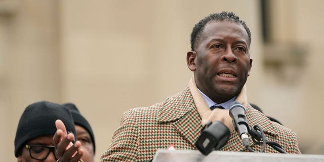 Mississippi state Rep. Chris Bell, D-Jackson, speaks outside the Mississippi state Capitol in Jackson, Mississippi, on Jan. 31, 2023.