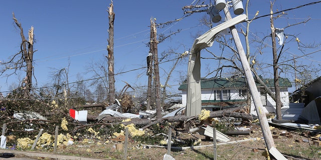 Insulation and tin are seen stuck and wrapped around the remains of trees near the intersection of Highways 25 and 6 in Amory Miss., Saturday, March 25, 2023, after it was hit by a severe storm the night before.