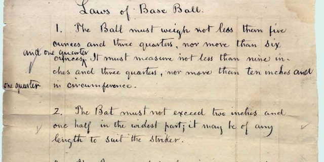 "The Magna Carta of Baseball" is shown here. The modern rules of baseball were set down at a convention in New York City in 1857, presided over by Daniel "Doc" Adams. His handwritten copy of the "Laws of Base Ball" netted $3.26 million at auction in 2016. 