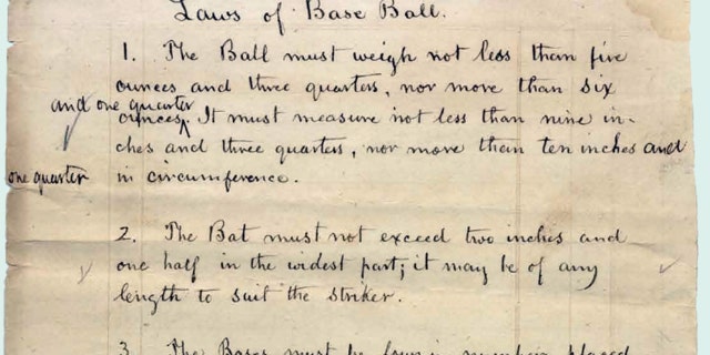 "The Magna Carta of Baseball" is shown here. The modern rules of baseball were set down at a convention in New York City in 1857, presided over by Daniel "Doc" Adams. His handwritten copy of the "Laws of Base Ball" netted $3.26 million at auction in 2016. 