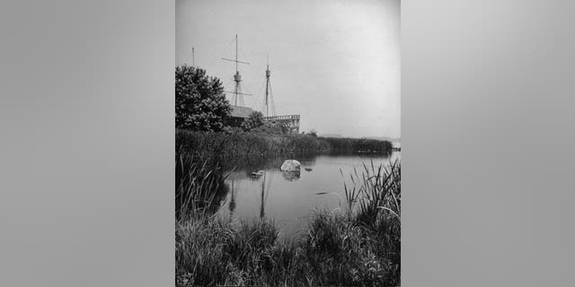 The Arbella, a copy of Gov. John Winthrop's flagship, moored in Forest River Park in Salem, Massachusetts, on the edge of a model pioneer village.
