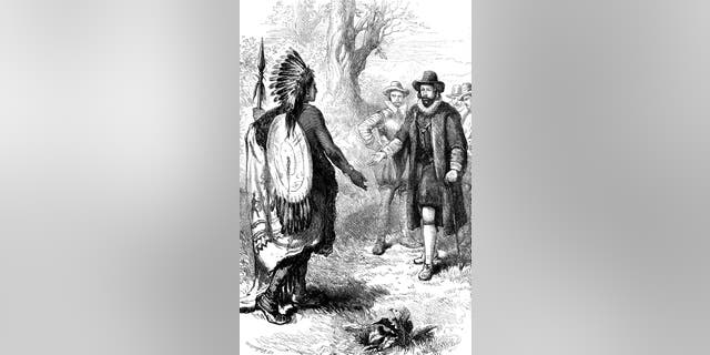 Reception of a Narragansett warrior by John Winthrop, Massachusetts, c 1630s (c 1880). Winthrop was the leader of a group of Puritan settlers who established the Massachusetts Bay Colony in 1630. A print from "Cassell's History of the United States" by Edmund Ollier, Volume I, Cassell Petter and Galpin, London, c 1880.