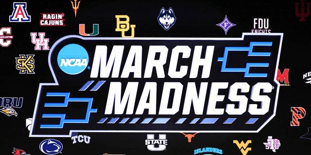 A detailed view of the March Madness logo is seen prior to the first round game between the Utah State Aggies and the Missouri Tigers in the NCAA Men's Basketball Tournament at Golden 1 Center on March 16, 2023 in Sacramento, California.