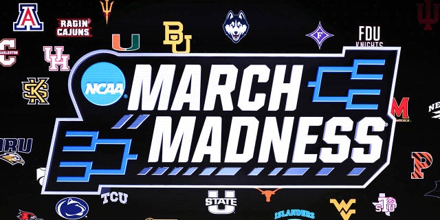 A detailed view of the March Madness logo is seen prior to the first round game between the Utah State Aggies and the Missouri Tigers in the NCAA Men's Basketball Tournament at the Golden 1 Center on March 16, 2023 in Sacramento, California.