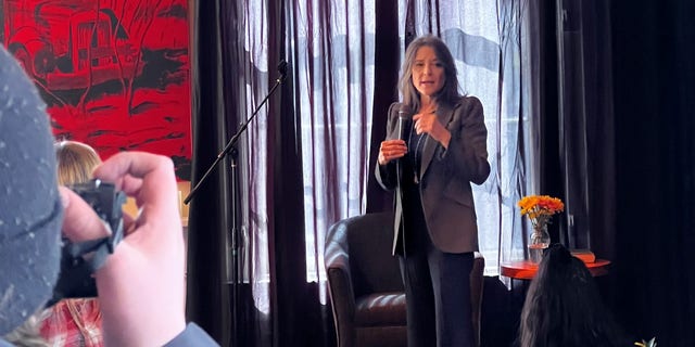 Democratic presidential candidate Marianne Williamson campaigns in Portsmouth, New Hampshire on March 9, 2023.