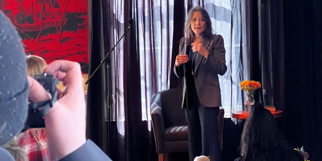 Democratic presidential candidate Marianne Williamson campaigns in Portsmouth, New Hampshire on March 9, 2023.