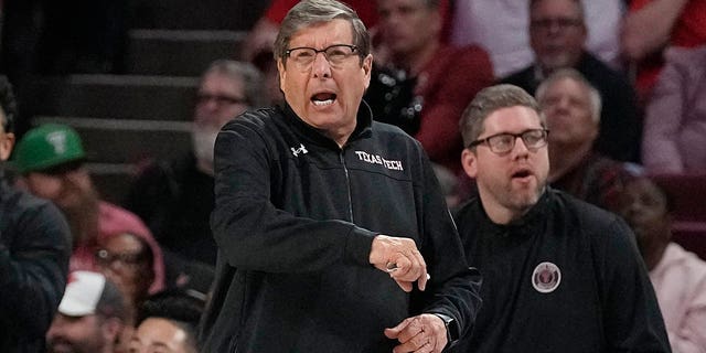 Texas Tech coach Mark Adams shouts during the second half of the team's NCAA college basketball game against Oklahoma, Tuesday, Feb. 21, 2023, in Norman, Okla. 