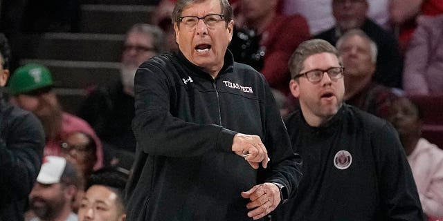 Texas Tech coach Mark Adams shouts during the second half of the team's NCAA college basketball game against Oklahoma, Tuesday, Feb. 21, 2023, in Norman, Okla. 