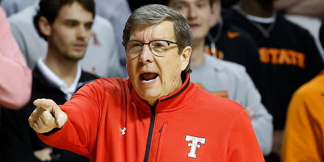 Texas Tech Red Raiders head coach Mark Adams gestures to his team on a play against the Oklahoma State Cowboys during the second half at Gallagher-Iba Arena in Stillwater, Oklahoma, Feb. 8, 2023.
