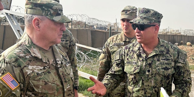 Joint Chiefs Chair Army General Mark Milley speaks with U.S. forces in Syria during an unannounced visit at a U.S. military base in Northeast Syria March 4, 2023. 