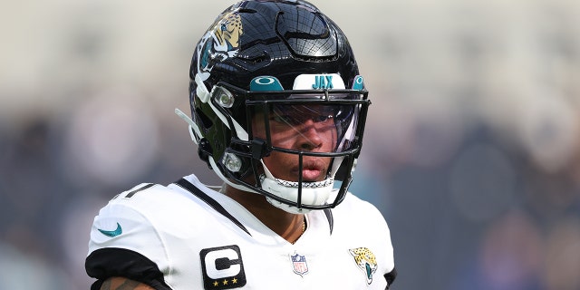 Marvin Jones of the Jacksonville Jaguars warms up before a game against the Los Angeles Rams at SoFi Stadium Dec. 5, 2021, in Inglewood, Calif.