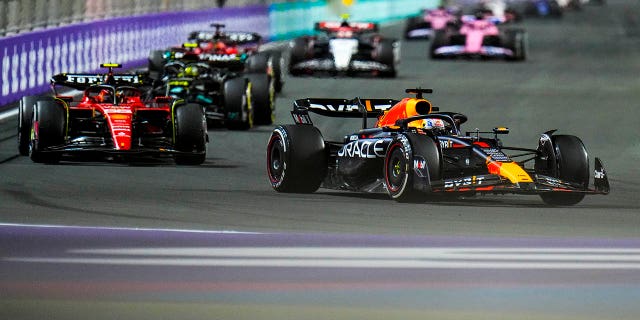 Red Bull driver Max Verstappen of the Netherlands steers his car during the Saudi Arabia Formula One Grand Prix at the Jeddah corniche circuit in Jeddah, Saudi Arabia, Sunday, March 19, 2023.