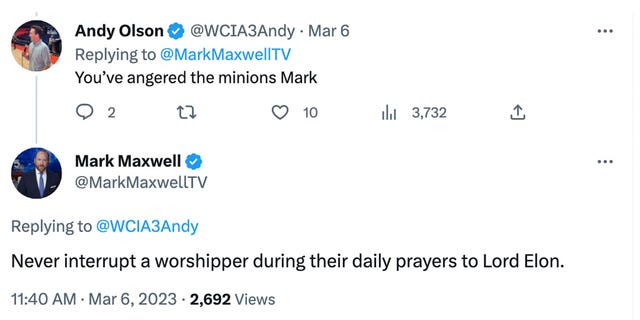 KSDK News' Mark Maxwell said it was "satire" when he made the tweet mocking those who worship "Lord Elon." 