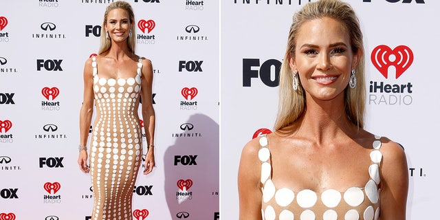 Meghan King was seen in a nude and white polka-dot dress. The reality star had her blonde hair styled down and combed back, showing off her statement silver earrings.