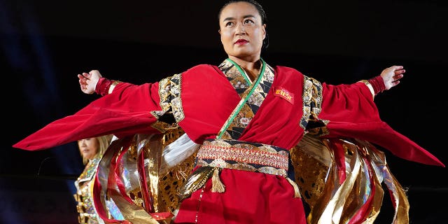 Meiko Satomura enters the ring prior to the women's bout during the Big Japan Pro-Wrestling at the Yokohama Cultural Gymnasium on Aug. 30, 2020 in Yokohama, Kanagawa, Japan.