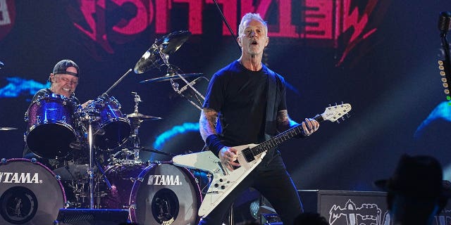 Lars Ulrich and James Hetfield of Metallica perform as Metallica Presents: The Helping Hands Concert at Microsoft Theater on Dec. 16, 2022, in Los Angeles.
