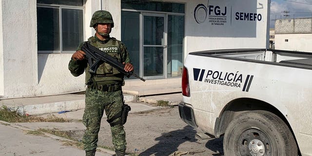 A Mexican army soldier guards the Tamaulipas State Prosecutor´s headquarters in Matamoros, Mexico, on March 8, 2023. 