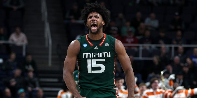 Norchad Omier #15 of the Miami Hurricanes reacts late in the second half against the Indiana Hoosiers during the second round of the NCAA Men's Basketball Tournament at MVP Arena on March 19, 2023, in Albany, New York.
