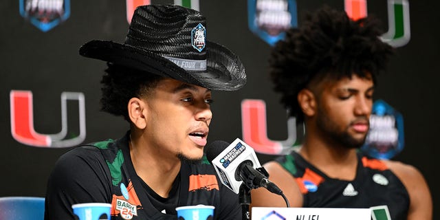 Nijel Pack of the Miami Hurricanes speaks during media availability for the Final Four arsenic  portion  of the NCAA Tournament astatine  NRG Stadium March 30, 2023, successful  Houston. 