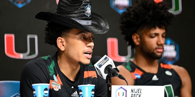 Nijel Pack of the Miami Hurricanes speaks during media availability for the Final Four as part of the NCAA Tournament at NRG Stadium March 30, 2023, in Houston.