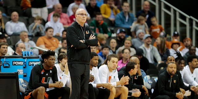 Head coach Jim Larranaga of the Miami Hurricanes watches his team in action against the Houston Cougars during the Sweet Sixteen round of the 2023 NCAA Men's Basketball Tournament Midwest Regionals held at T-Mobile Center on March 24, 2023, in Kansas City, Missouri.