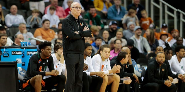 Head coach Jim Larranaga of the Miami Hurricanes watches his team in action against the Houston Cougars during the Sweet Sixteen round of the 2023 NCAA Men's Basketball Tournament Midwest Regionals held at T-Mobile Center on March 24, 2023, in Kansas City, Missouri.