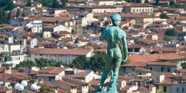 Overview of the city of Florence, Italy with a statue of Michelangelos David on July 22, 2014. 