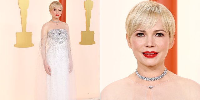 Michelle Williams' ethereal white Chanel Couture ensemble featured a strapless dress and sheer cape.