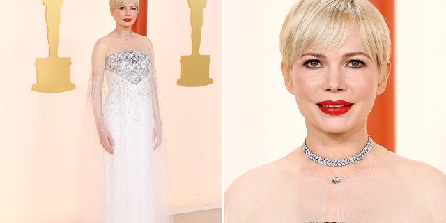 Michelle Williams' ethereal white Chanel Couture ensemble featured a strapless dress and sheer cape.