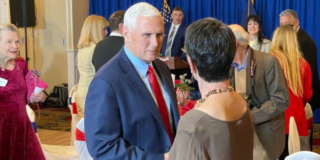 Former Vice President Mike Pence, a potential 2024 Republican presidential candidate, speaks with party activists in New Hampshire before keynoting the Cheshire County GOP annual Lincoln-Reagan fundraising dinner, on March 16, 2023, in Keene, NH 