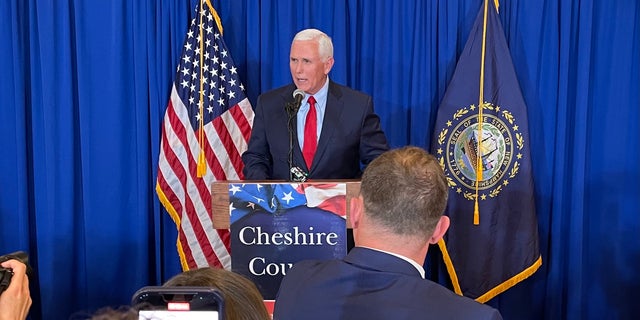 Former Vice President Mike Pence keynotes the Cheshire County, New Hampshire GOP's annual Lincoln-Reagan fundraising dinner, on March 16, 2023 in Keene, N.H. 