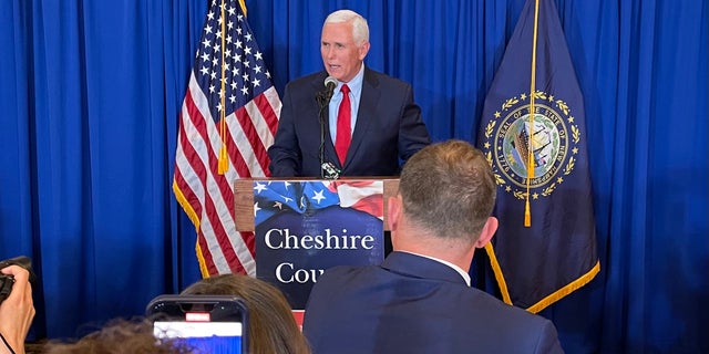 Former Vice President Mike Pence keynotes the Cheshire County, New Hampshire GOP's annual Lincoln-Reagan fundraising dinner, on March 16, 2023 in Keene, N.H.