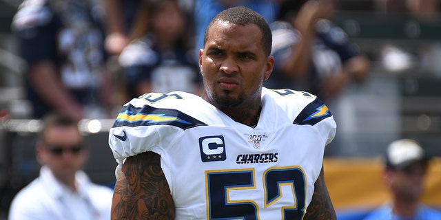 Center Mike Pouncey of the Los Angeles Chargers during warmups for a game against the Houston Texans at Dignity Health Sports Park Sept. 22, 2019, in Carson, Calif.