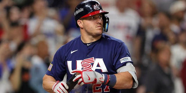 Mike Trout, #27 of Team USA, prepares to bat against Shohei Ohtani, #16 of Team Japan, in the ninth inning of the Baseball Classic World Championship at LoanDepot Park on March 21, 2023 in Miami .